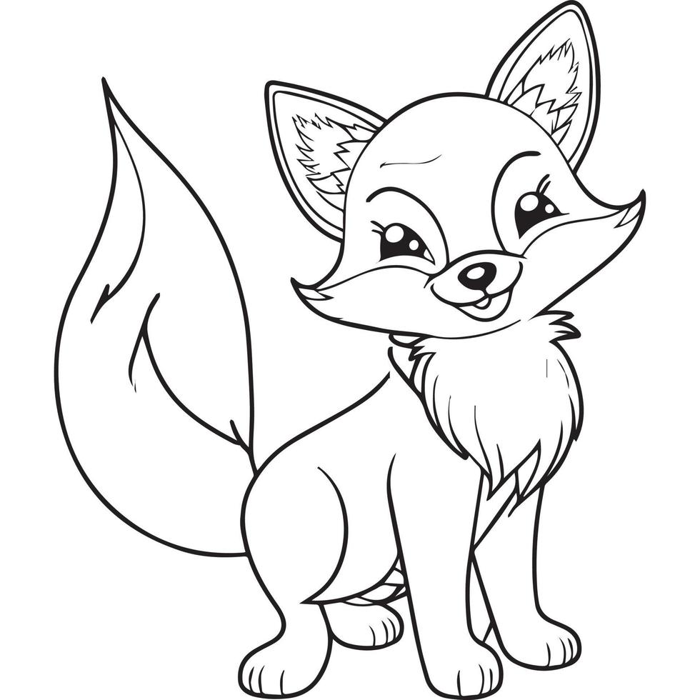 Happy fox cartoon outline illustration. Coloring book for children, vector drawing.