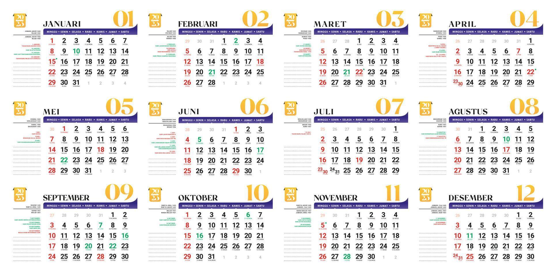 ilustración vectorial del calendario 2023 hijri y conceptos javaneses para planificador de oficina, plantilla de planificador de diseño corporativo. conceptos de calendario de eventos, catálogo mínimo de proyectos, listo para imprimir vector