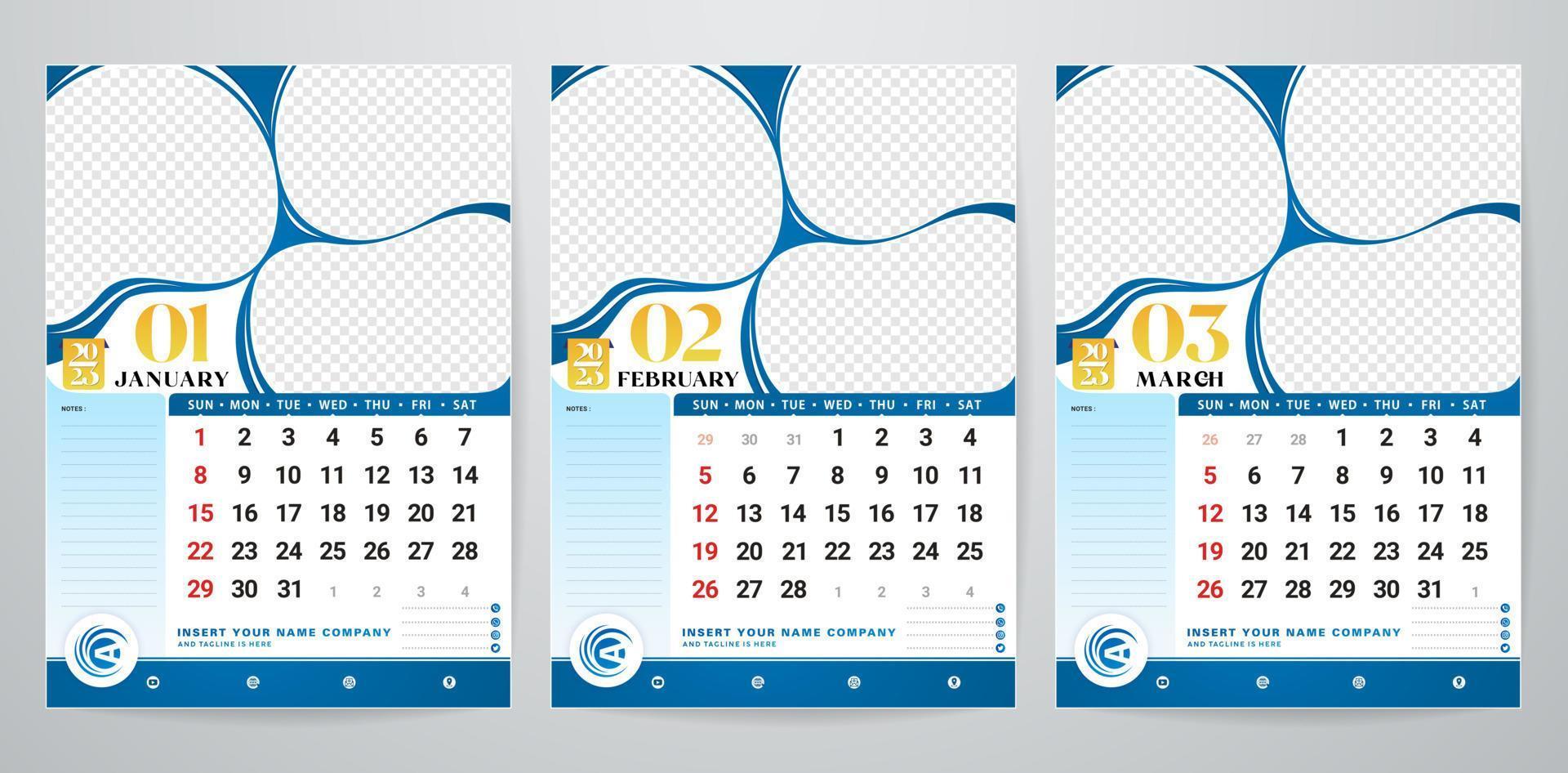 ilustración vectorial de 2023 plantillas de calendario conceptos tercios meses establecidos para planificador de oficina, plantilla de planificador de diseño corporativo. conceptos de calendario de eventos, catálogo mínimo de proyectos, listo para imprimir vector