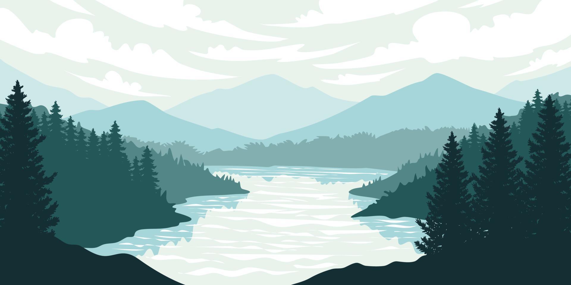 Silhouette of nature landscape. Mountains, forest in background. Blue and green illustration vector