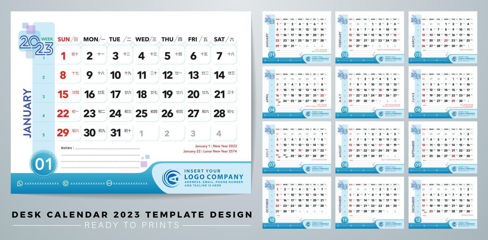 ilustración vectorial de diseños de plantillas de calendario de escritorio 2023 con conceptos de vacaciones indonesios y versión de días de calendario chino para planificador de oficina, plantilla de planificador de diseño corporativo. listo para imprimir vector