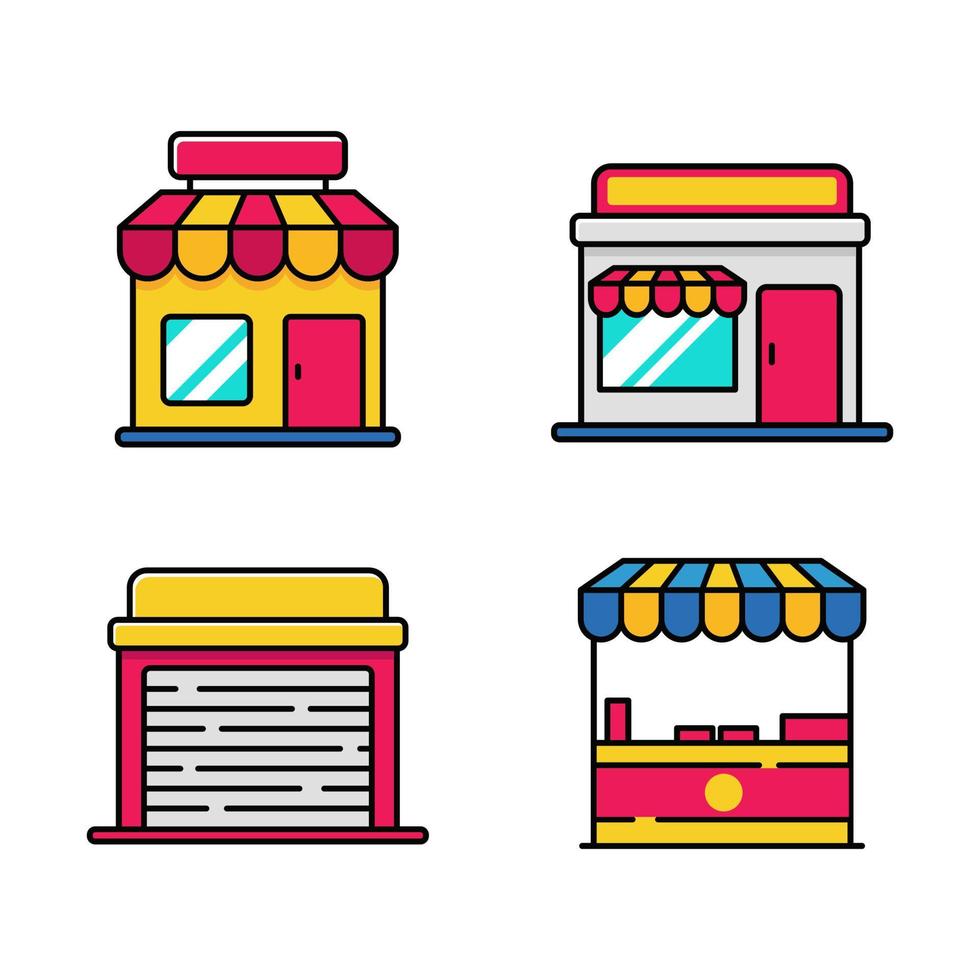 conjunto de iconos de tienda con diseños coloridos aislados en fondo blanco. Ilustración de vector de edificios de tienda simple