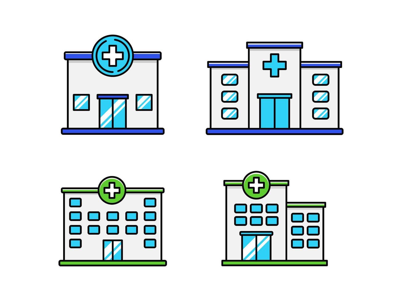 conjunto de iconos de construcción de hospitales con diseños coloridos aislados en fondo blanco. Ilustración de vector de edificios de hospital