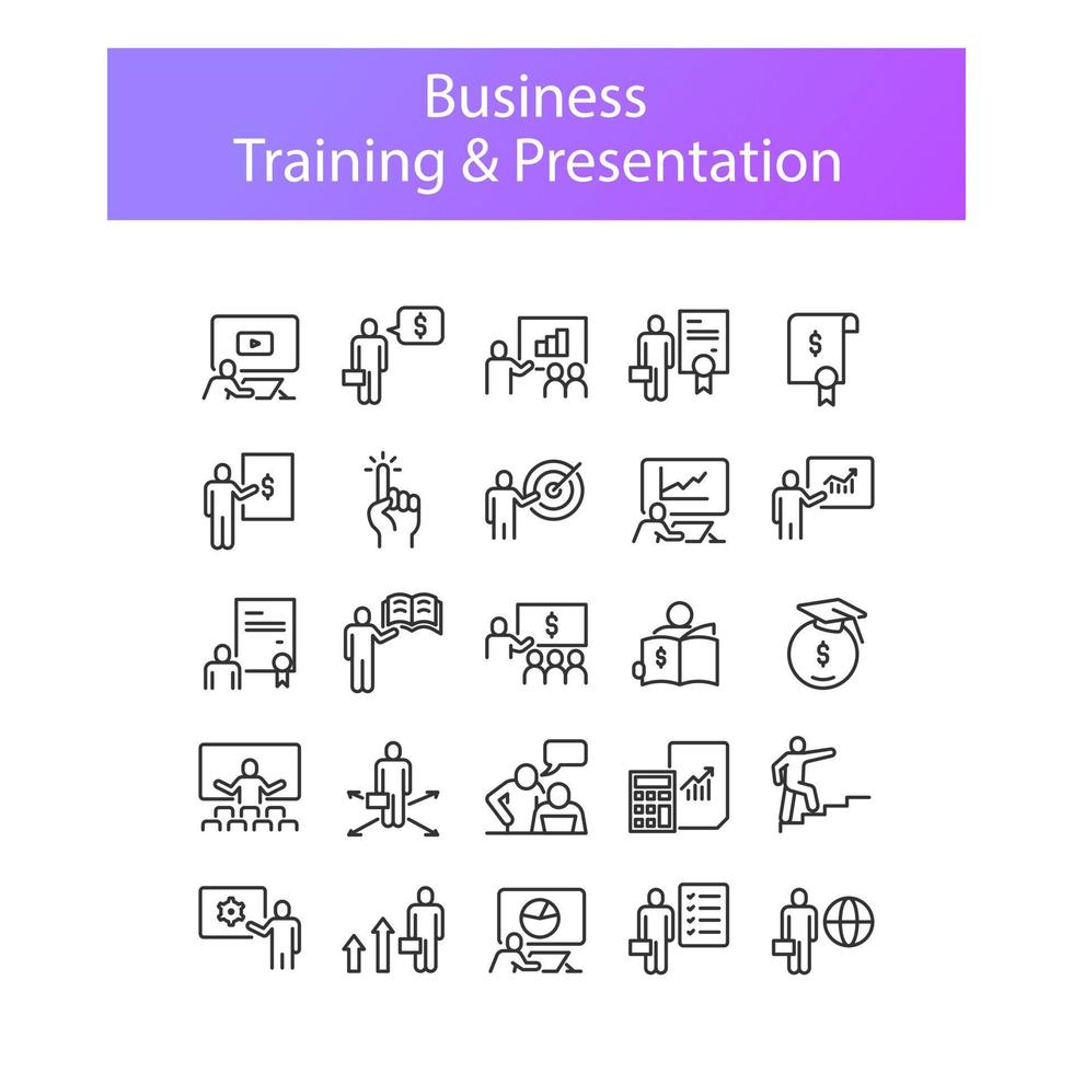 conjunto simple de iconos de línea vectorial relacionados con la formación empresarial y la presentación. contiene íconos como presentación, seminario web, tutoría, curso en línea, gurú y más vector