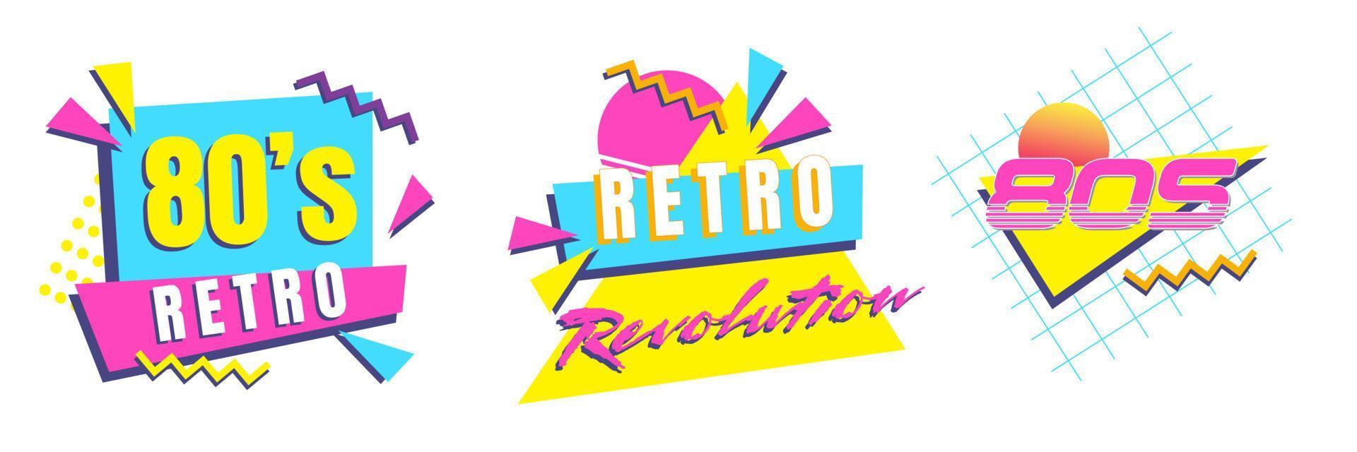 Colección gráfica retro de los 80. conjunto de diseño vintage synthwave. prendas de vestir vintage obras de arte proyectos vívidos de la vieja escuela vector