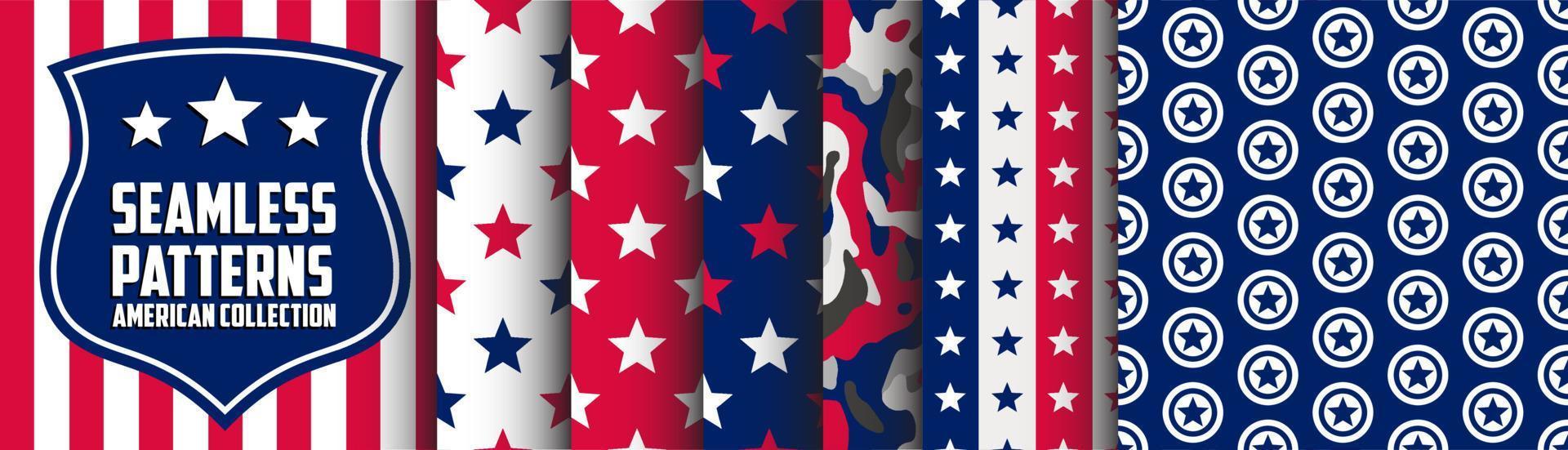 Seamless Patterns American Collection. Stars and stripes made in USA. Set of 4th July designs. Graphics made for print and apparel. Labor backgrounds collection. vector
