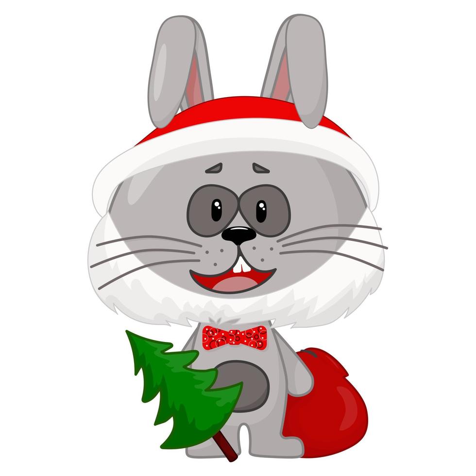 New Year's gray rabbit with a Christmas tree and a bag vector