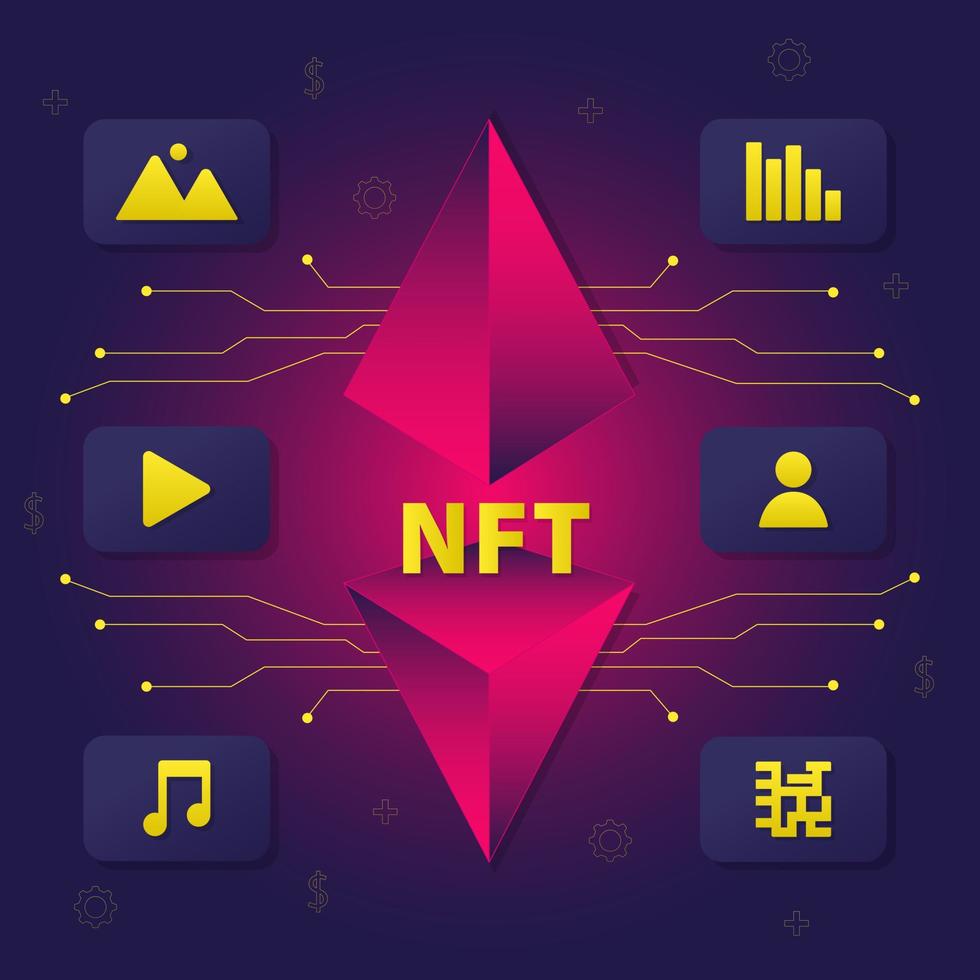 NFT banner. Non fungible tokens with  icons. Banner for business technology, cryptocurrency, blockchain. Vector illustration.
