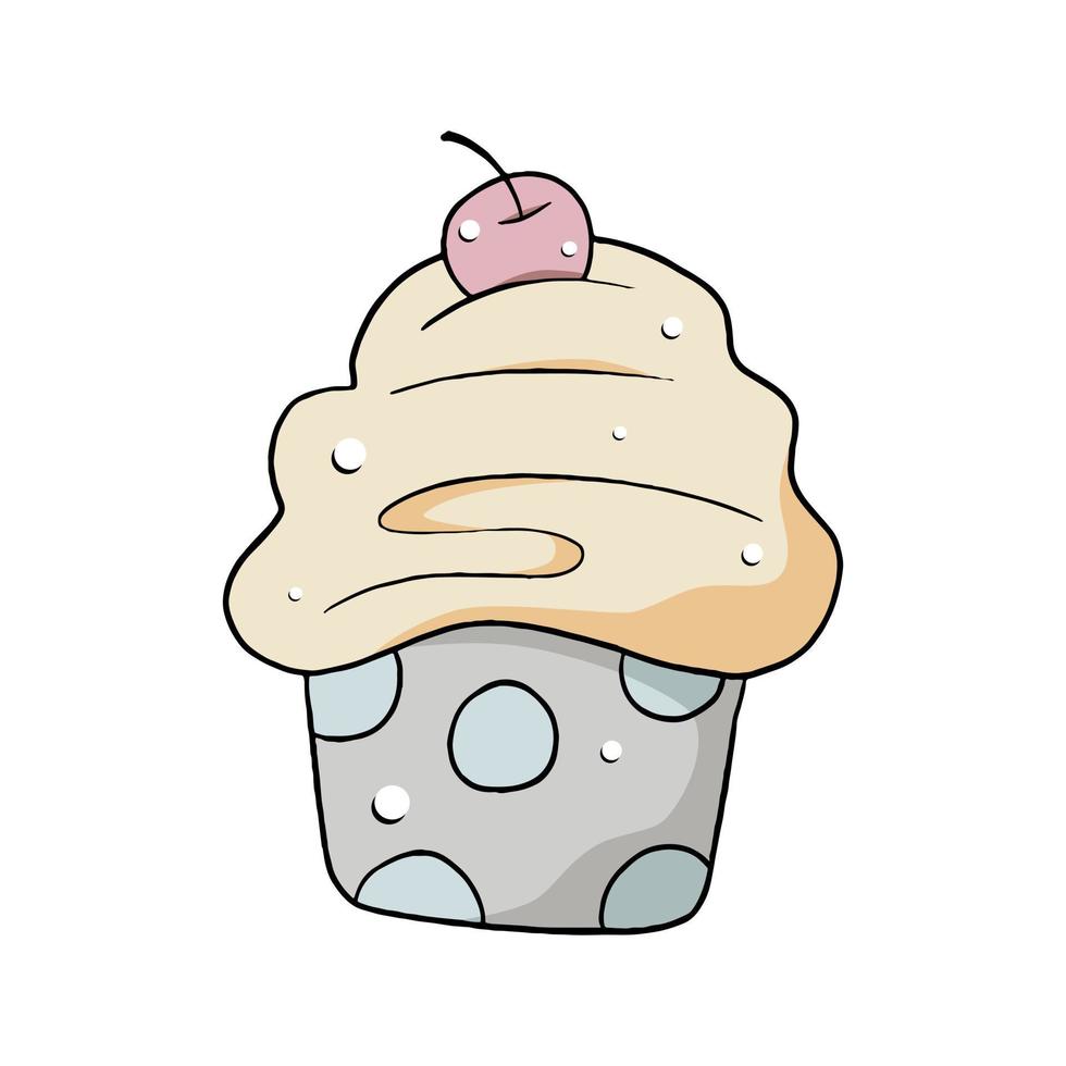 Colorful doodle black line Cupcakes with cherry on white background. Hand drawn cartoon style. Decoration for any design. Vector illustration of kid and sweet.