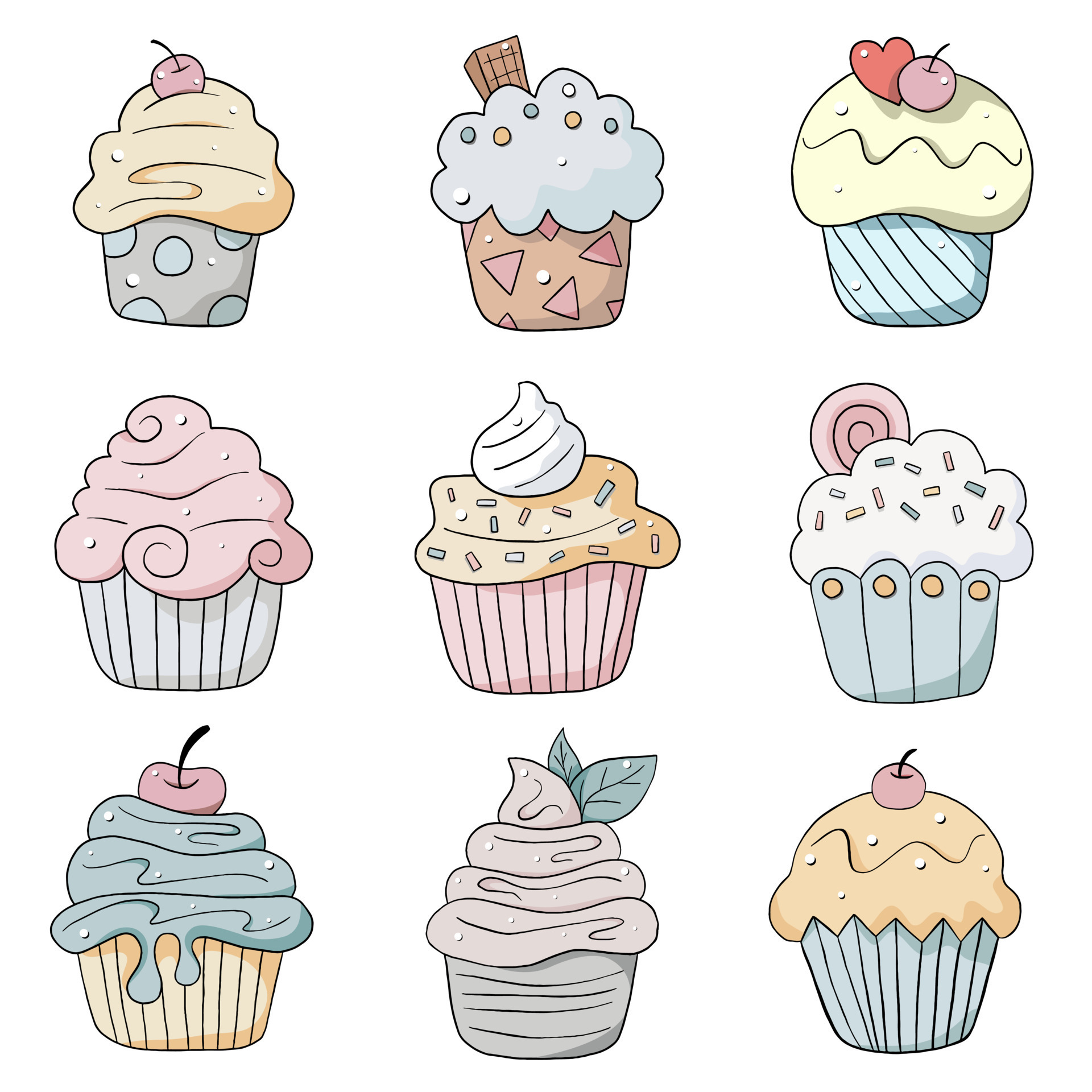 Colorful doodle black line Cupcakes with various taste on white background.  Hand drawn cartoon style. Decoration for any design. Vector illustration of  kid and sweet. 14488095 Vector Art at Vecteezy