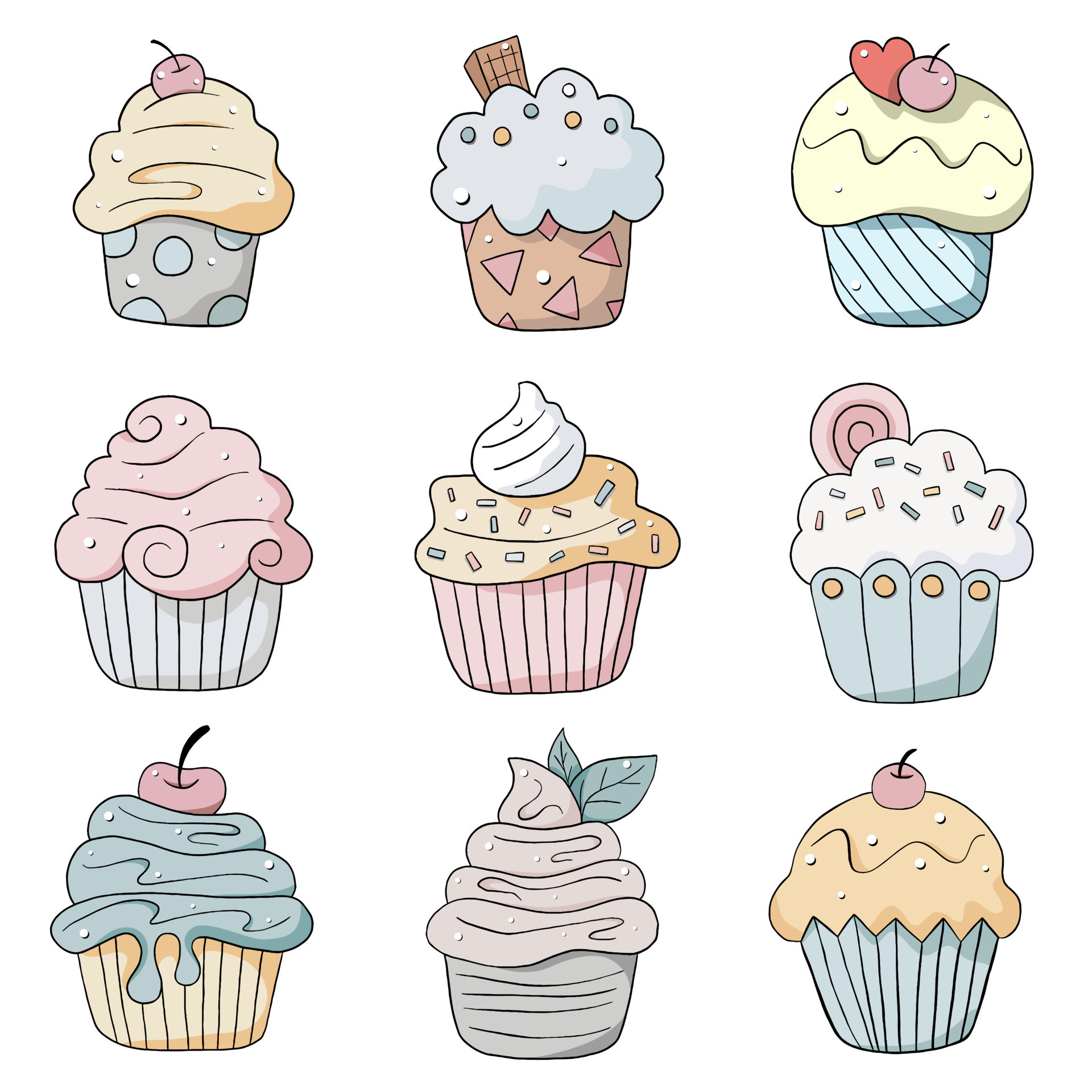 Colorful doodle black line Cupcakes with various taste on white
