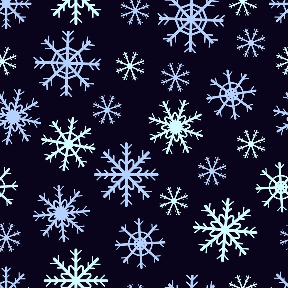 Hand drawn snow flake seamless pattern on black background. Winter wallpaper vector