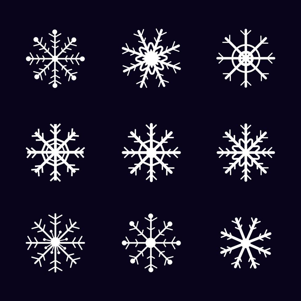 Set hand drawn white snow flake on black background for ornaments, icons, or decoration. Winter wallpaper. Flat vector design.