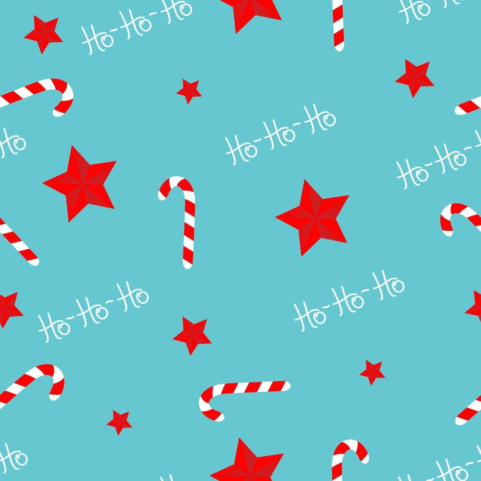 Seamless pattern with red christmas stars, caramel cane on blue background. vector