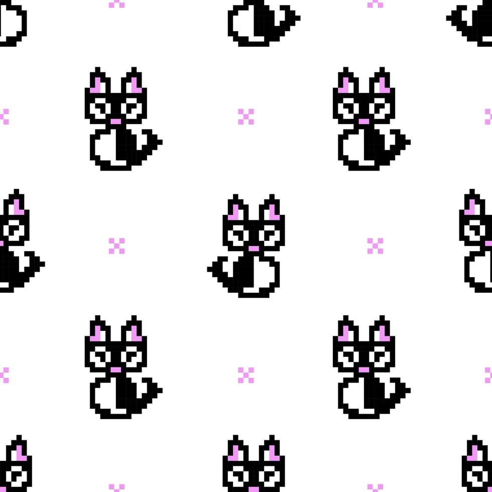Pixel art icon for video game and print on different product. Cute cat. Black kitten. vector