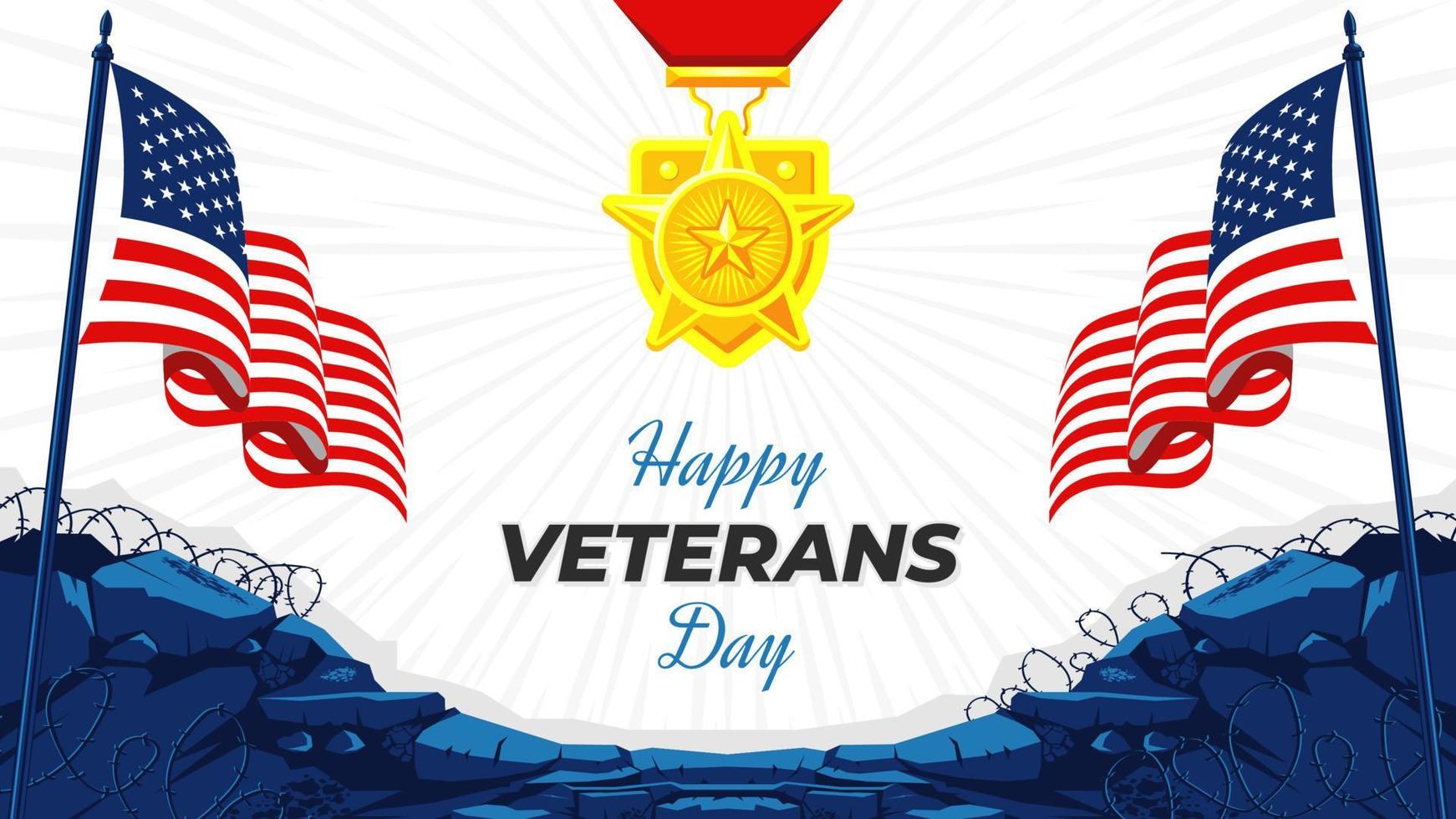 feliz día de los veteranos con una medalla de estrella y dos antecedentes de bandera estadounidense vector