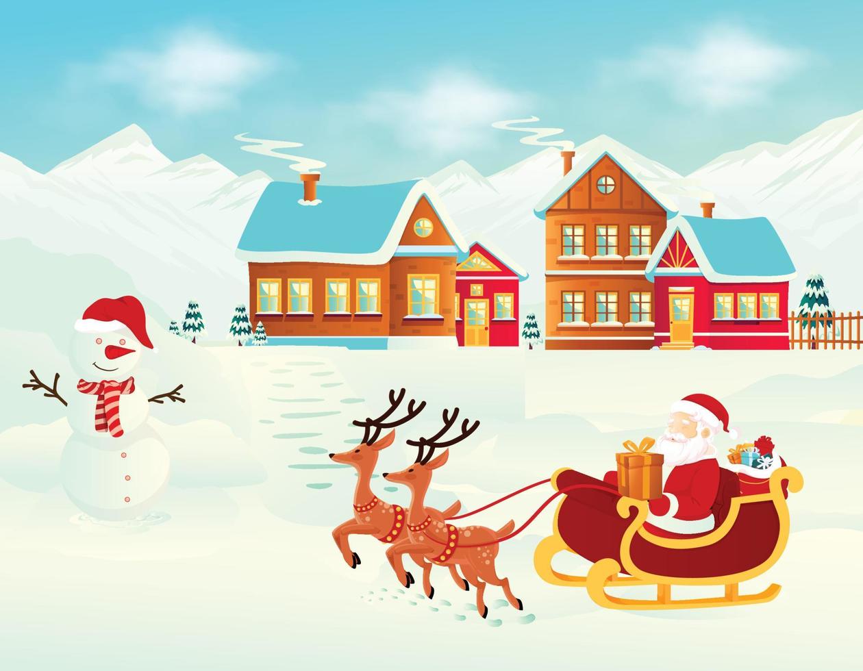 diseño de tarjeta de felicitación de feliz navidad y feliz año nuevo con santa claus en trineo ilustración de invierno acogedor vector