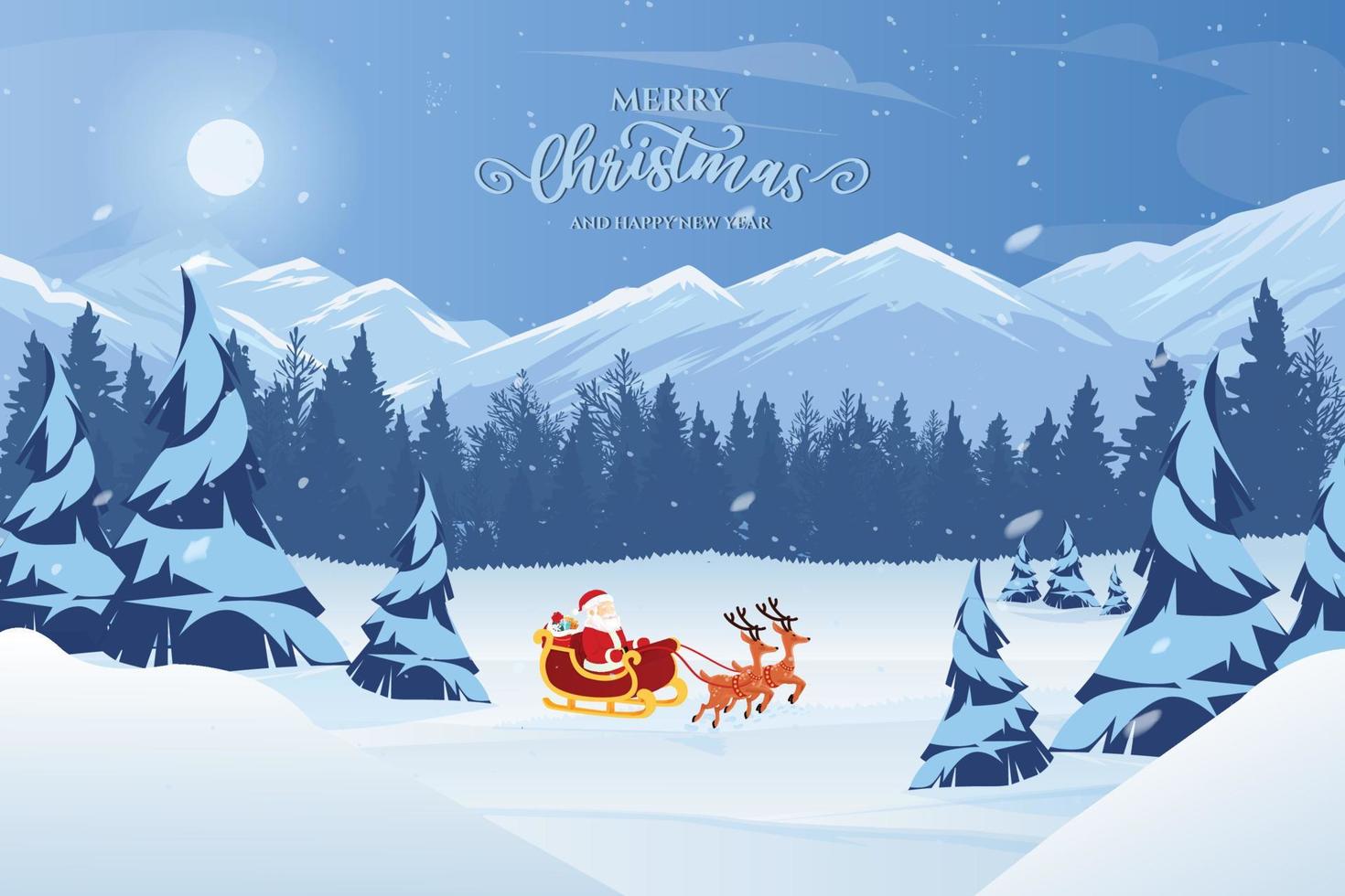 diseño de tarjeta de felicitación de feliz navidad y feliz año nuevo con santa claus en trineo ilustración de invierno acogedor vector