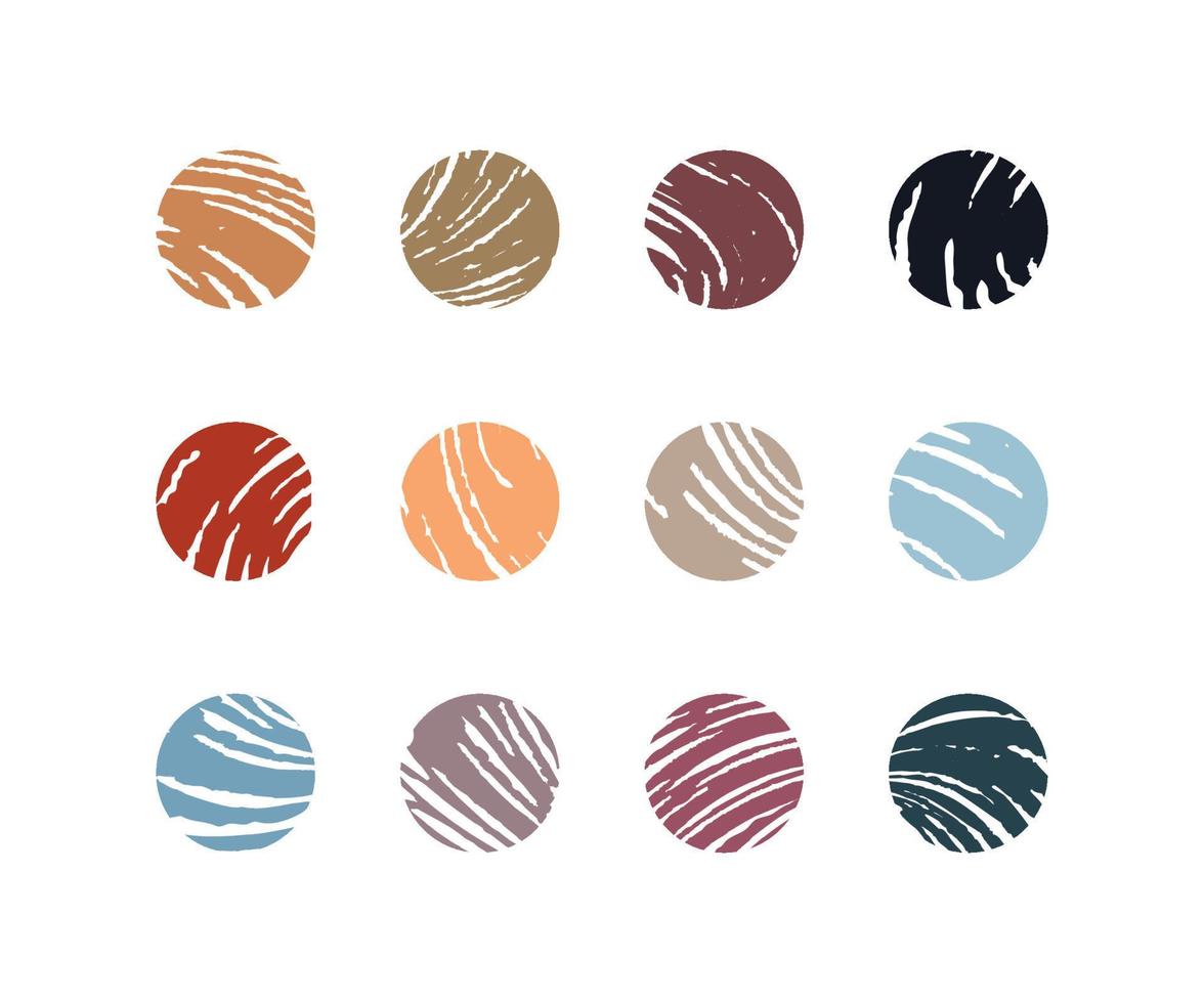 Various background circles, textured icons made with felt tip pens. Hand drawn abstract pen test doodles. Yarn balls. Simple editable elements of soft pastel colors isolated on white vector