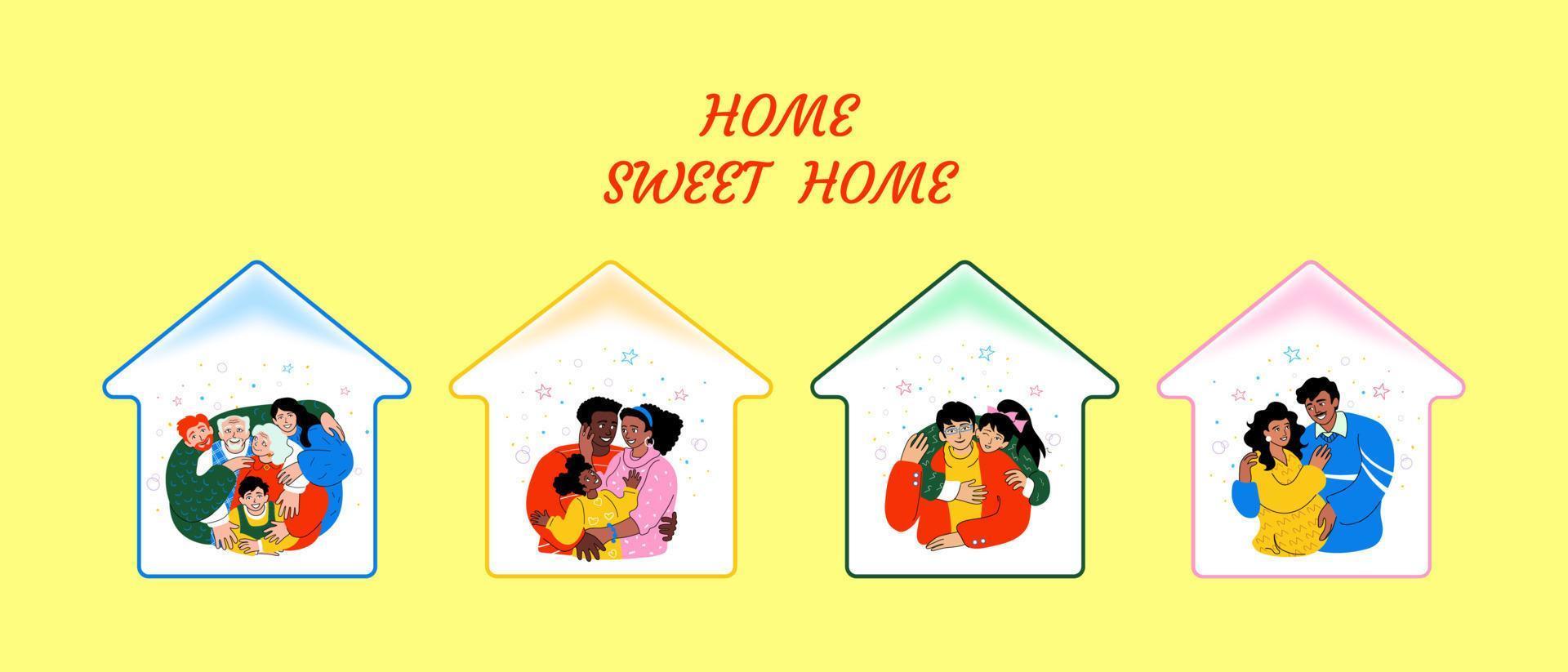 Four happy families hugging. Latin American, African American, Caucasian, Asian. Parenthood and pregnancy, warm home and love concept. Elderly and young people together. Doodle style illustration vector