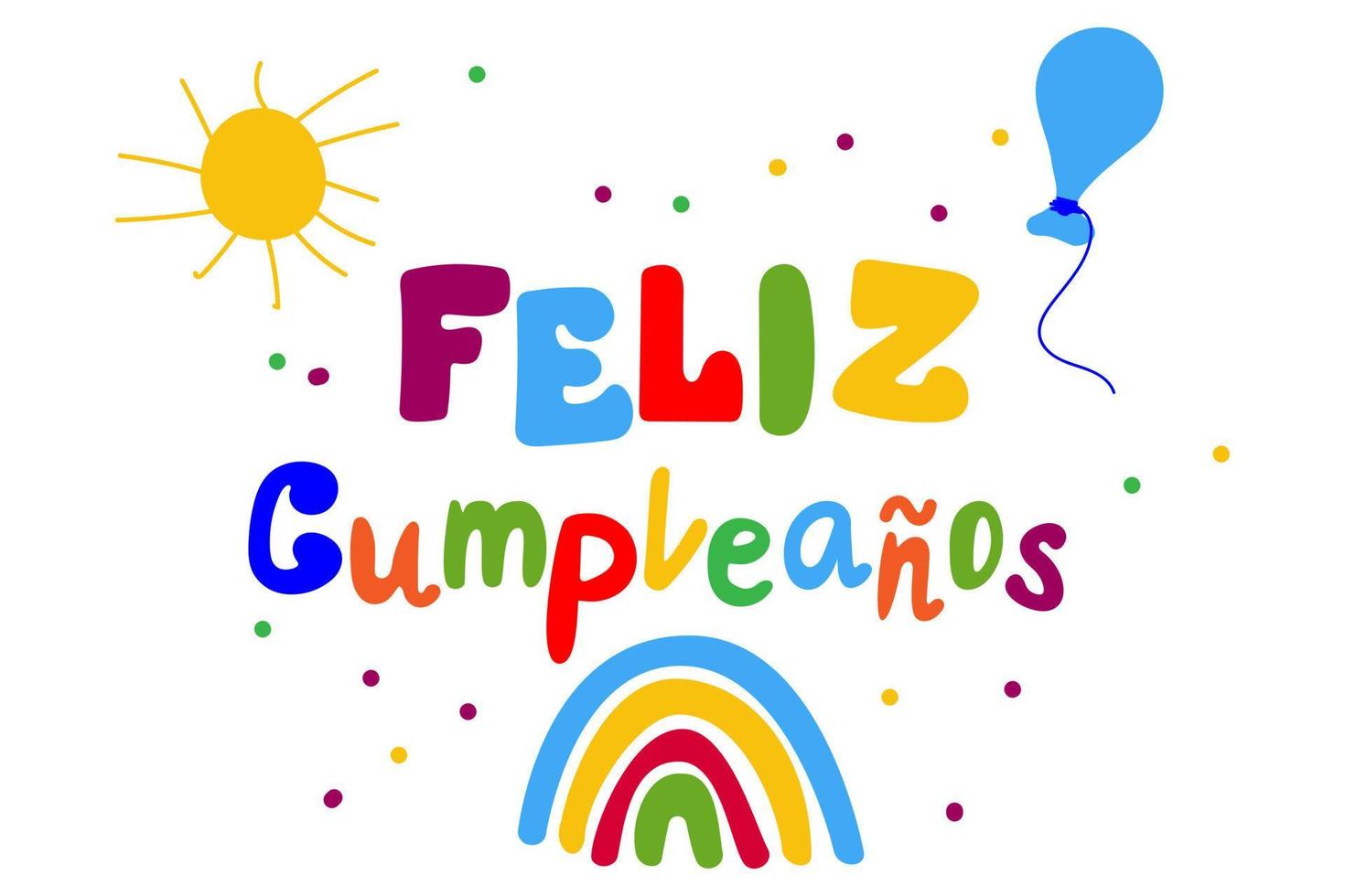 Feliz Cumpleanos translated from Spanish Happy Birthday hand lettering. Children's birthday greeting card, Spanish. Vector illustration.