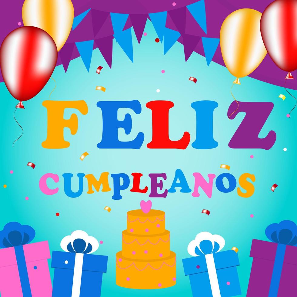 saludos de feliz cumpleaños en español. ilustración vectorial brillante con confeti, globos y un pastel. feliz cumpleanos traducido del español feliz cumpleaños. vector