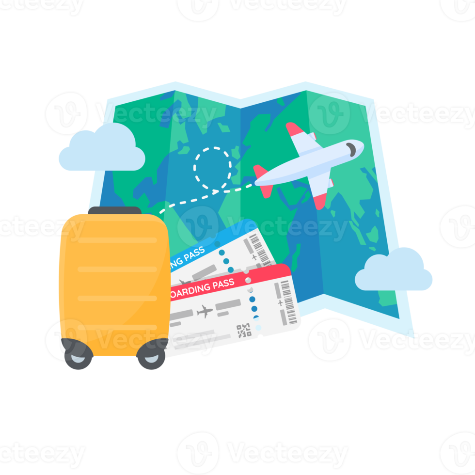 The world map is pinned to plan travel by international airlines. with luggage and plane tickets png