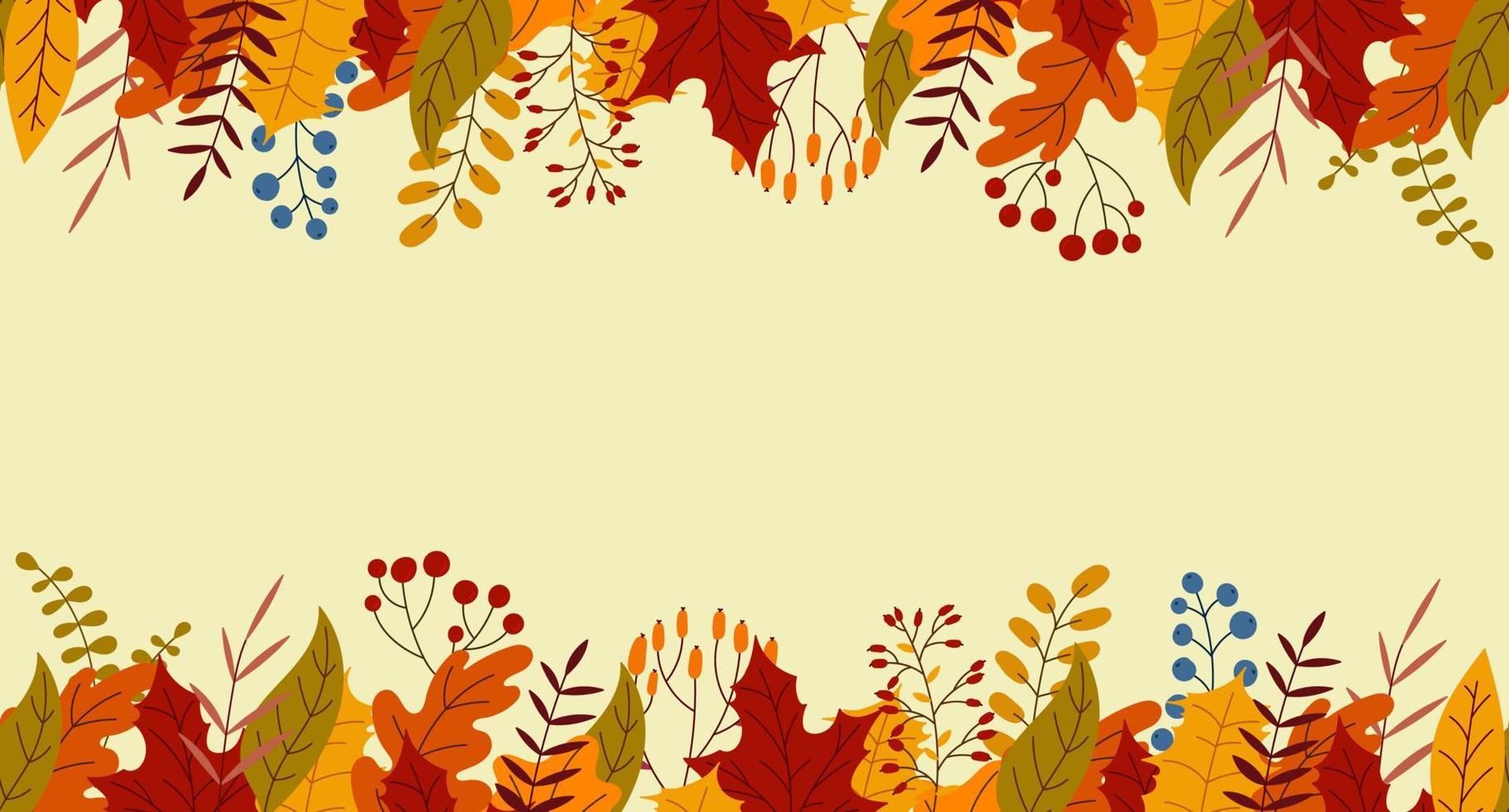 Seamless horizontal banner with autumn colorful plants. Charming autumn pattern. Hand drawn. Vector illustration