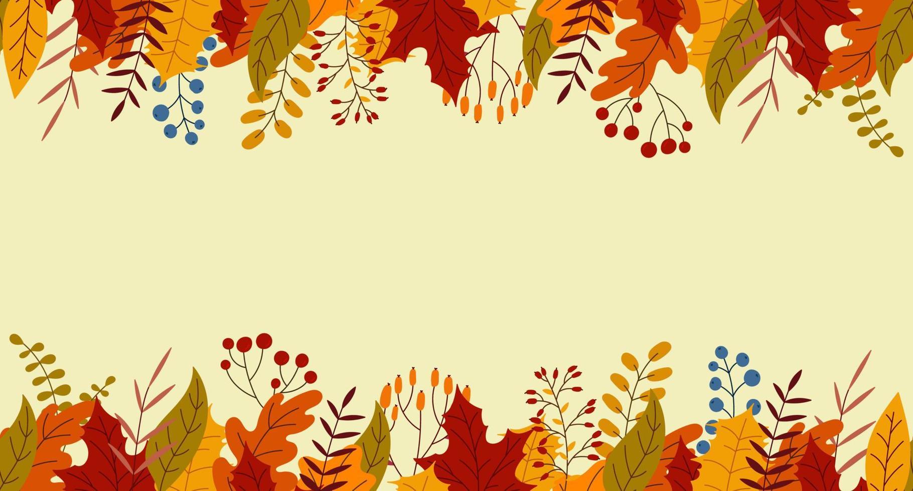 Seamless horizontal banner with autumn colorful plants. Charming autumn pattern. Hand drawn. Vector illustration