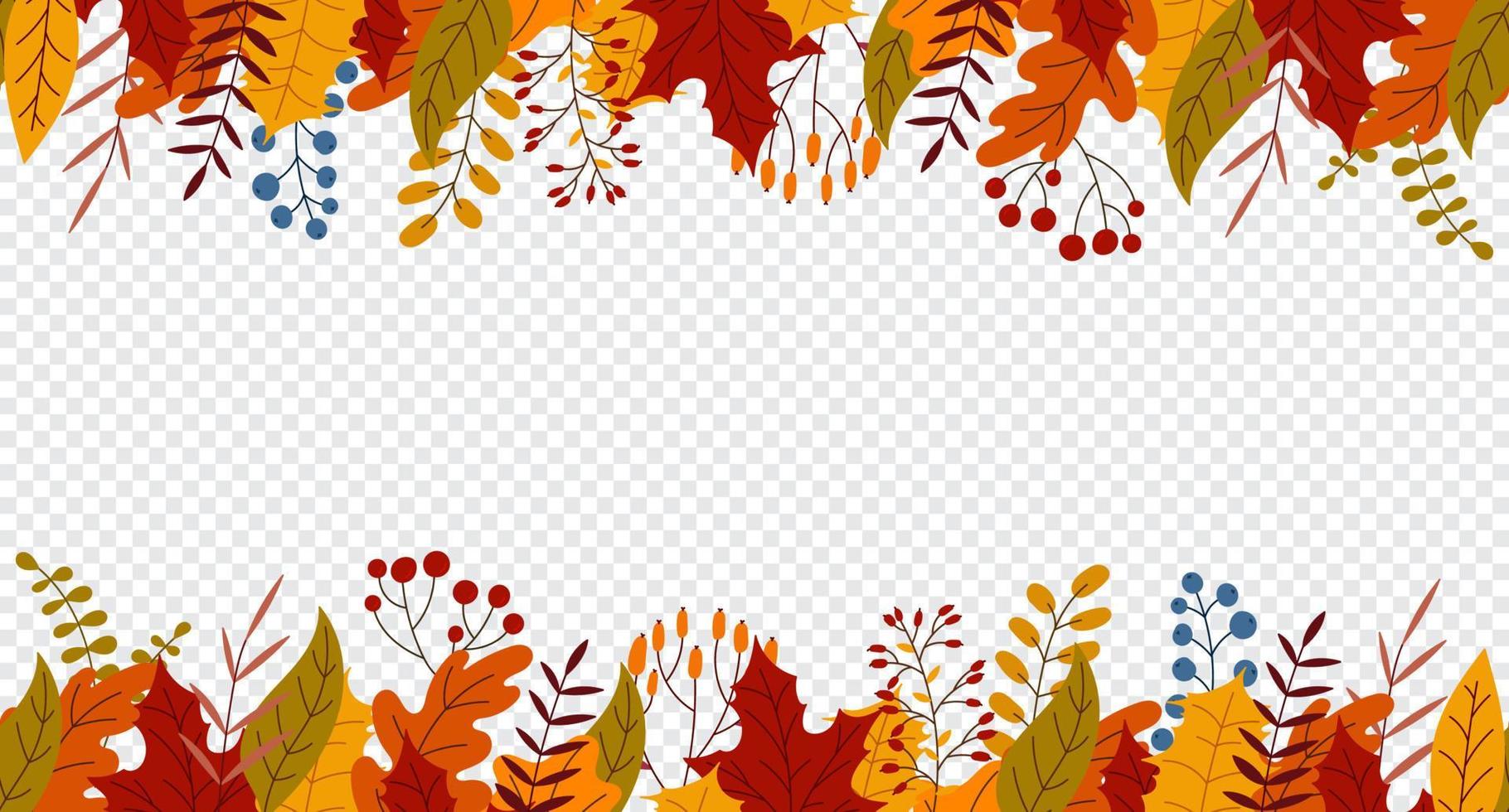 Seamless horizontal banner with autumn colorful plants. Charming autumn pattern. Hand drawn. Vector illustration