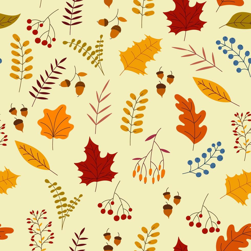 Autumn seamless pattern with berry, plants, leaves, acorns. Charming autumn pattern. Seamless pattern on an autumn theme. Hand drawn. Vector illustration