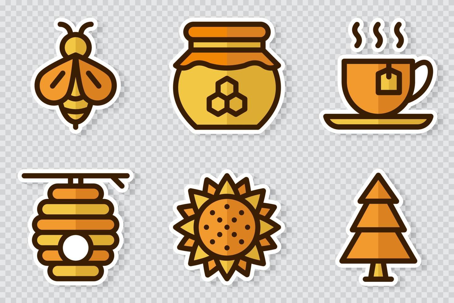 Set of honey theme stickers icons. Set of stickers on bee theme. Simple beekeeping collection theme. Cartoon style. Vector illustration