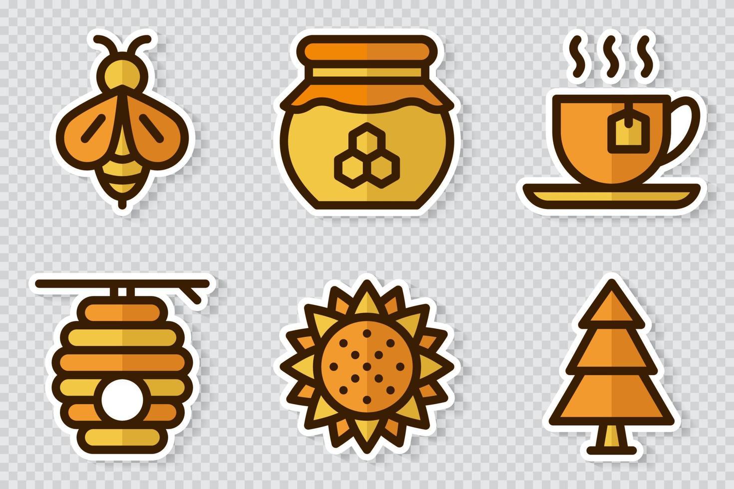 conjunto de iconos de pegatinas de tema de miel. conjunto de pegatinas sobre el tema de la abeja. tema de colección de apicultura simple. estilo de dibujos animados ilustración vectorial vector