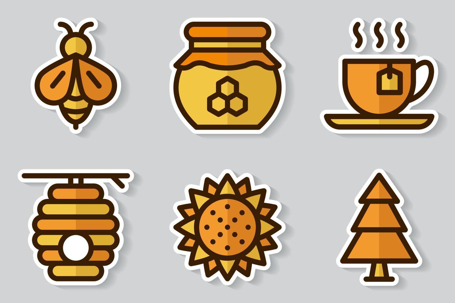 Set of honey theme stickers icons. Set of stickers on bee theme. Simple beekeeping collection theme. Cartoon style. Vector illustration