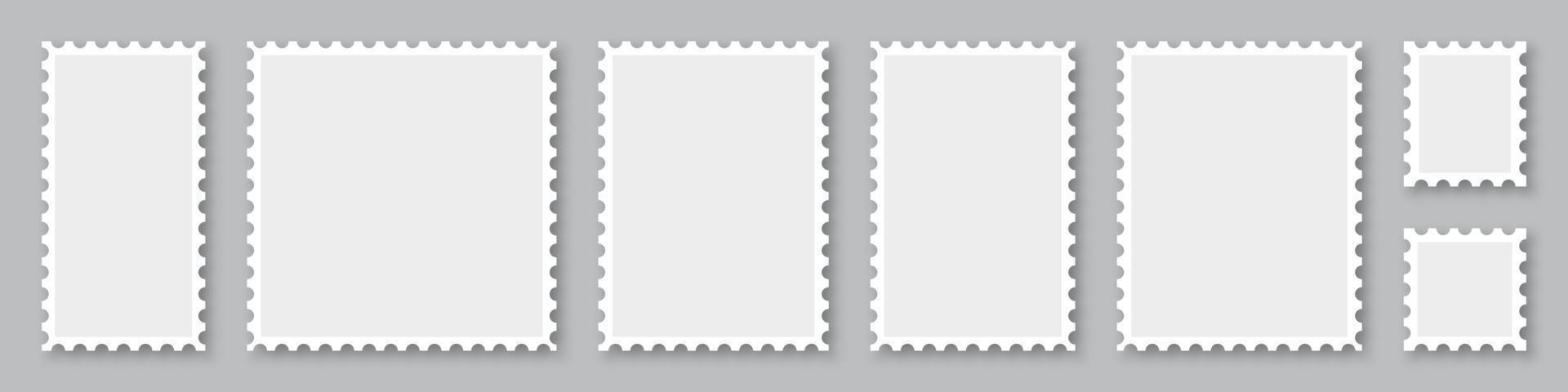 Blank postage stamps frames set. Mockup postage stamps with shadow. Postage stamp borders template collection. Realistic post stamps set. Vector illustration