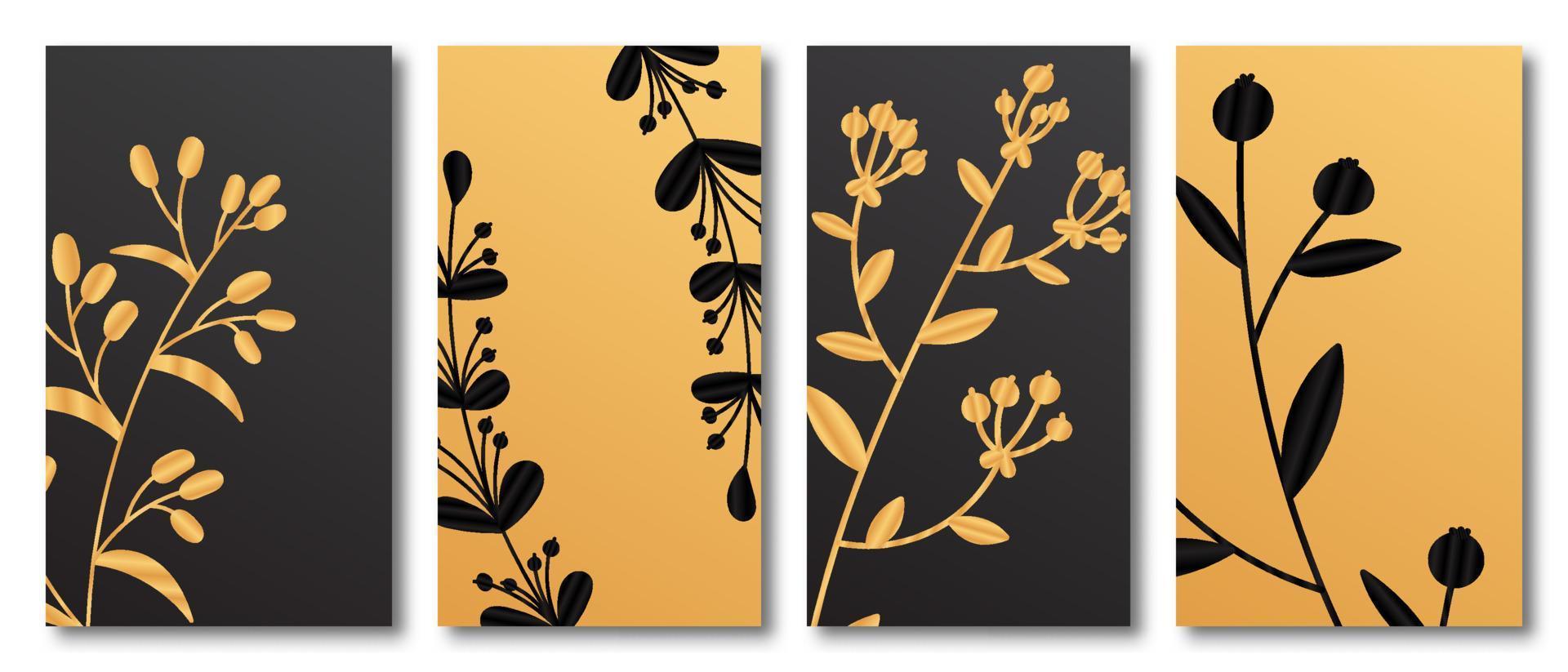 Set of tropical cover design with berry branch and golden leaves. Holiday black and gold pattern. Vector illustration