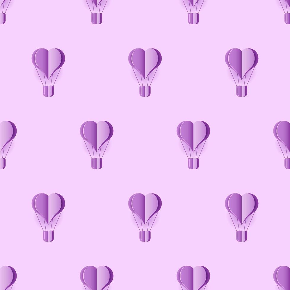 Seamless pattern with heart hot air balloon paper art style. Pattern graphic style. Cut paper effect. Vector illustration
