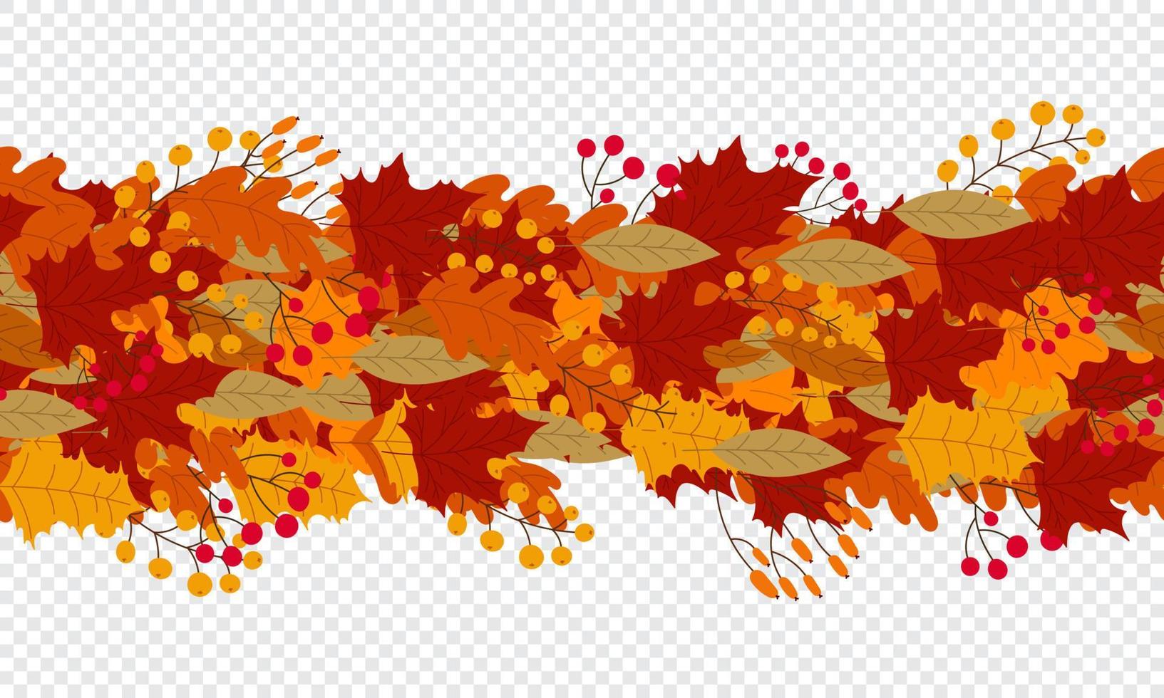 Background of stylized autumn leaves for greeting cards. Seamless horizontal banner with autumn colorful plants. Hand drawn. Vector illustration