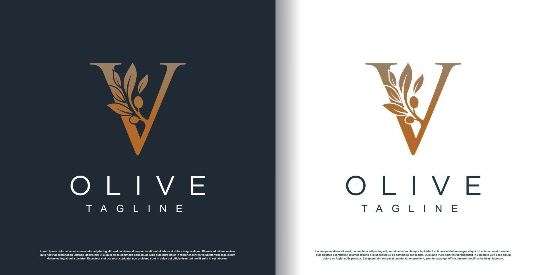 icono de logotipo de oliva con concepto de letra v vector premium