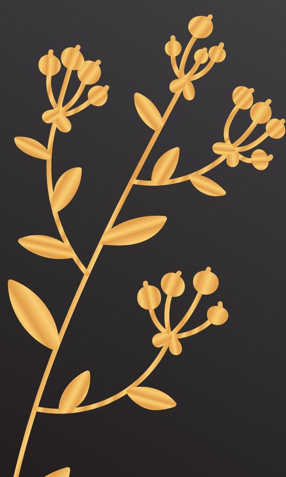 Tropical cover design with berry branch and golden leaves. Holiday black and gold pattern. Vector illustration