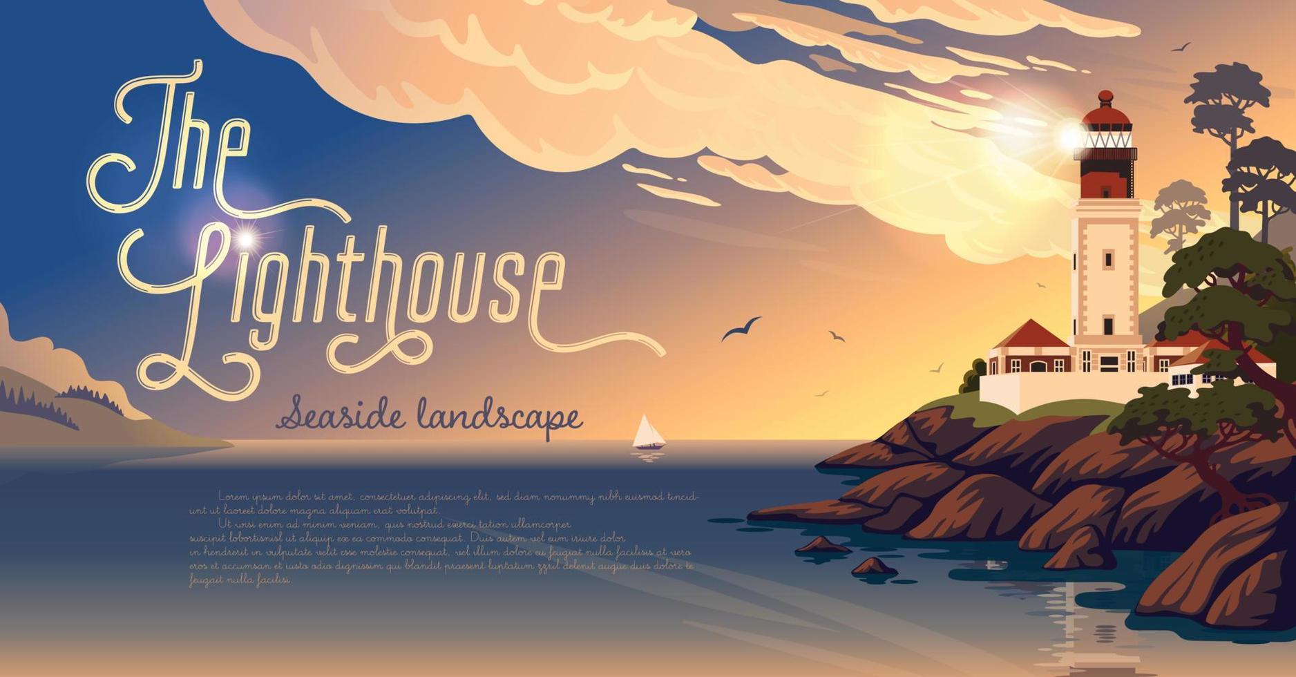 Lighthouse - vector landscape. Sea landscape with beacon on the beach on sunset. Vector horizontal illustration in flat cartoon style