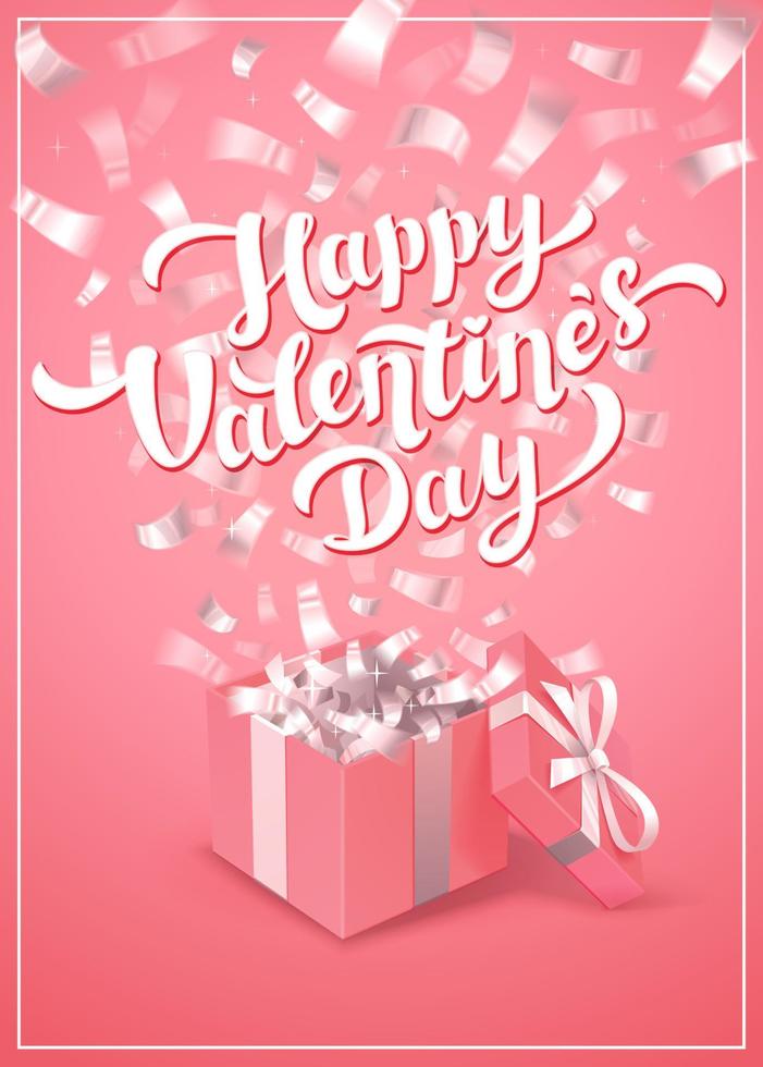 Happy Valentines day pink greeting card - love day vector card or poster with pink gift box and cupids in the clouds. Vector illustration.