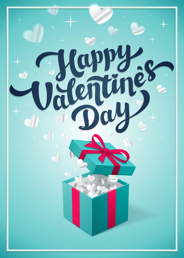 Happy Valentine s day greeting card - love day vector card or poster with red gift box and cupids in the clouds. Vector illustration.