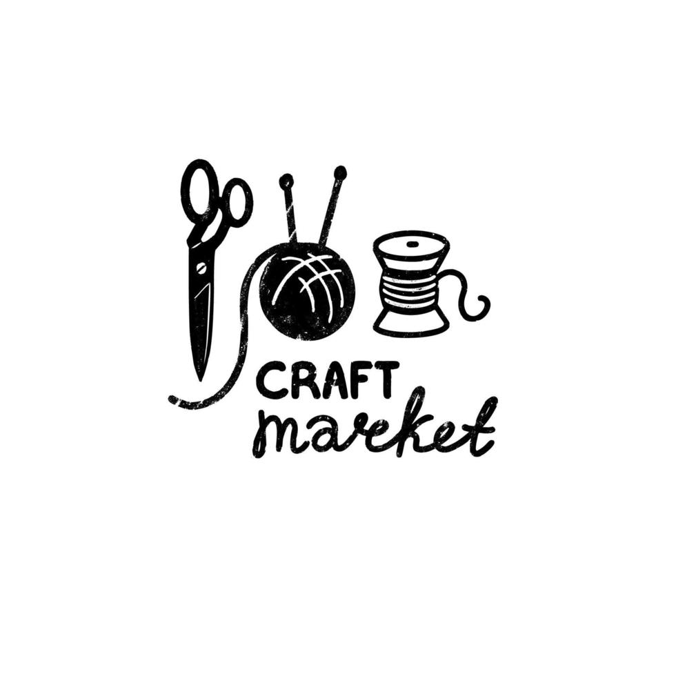 Craft market vector logo - a vintage scissors, ball of wool and spool of thread in stamp style with craft market hand lettering. Vintage vector illustration.