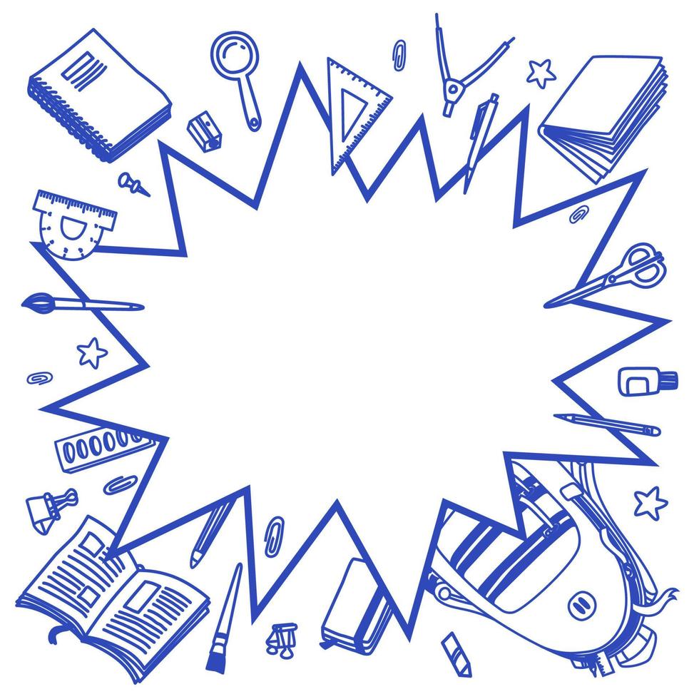 Back to school vector background. Cartoon comics bang speech bubble with line sketchy stationery.