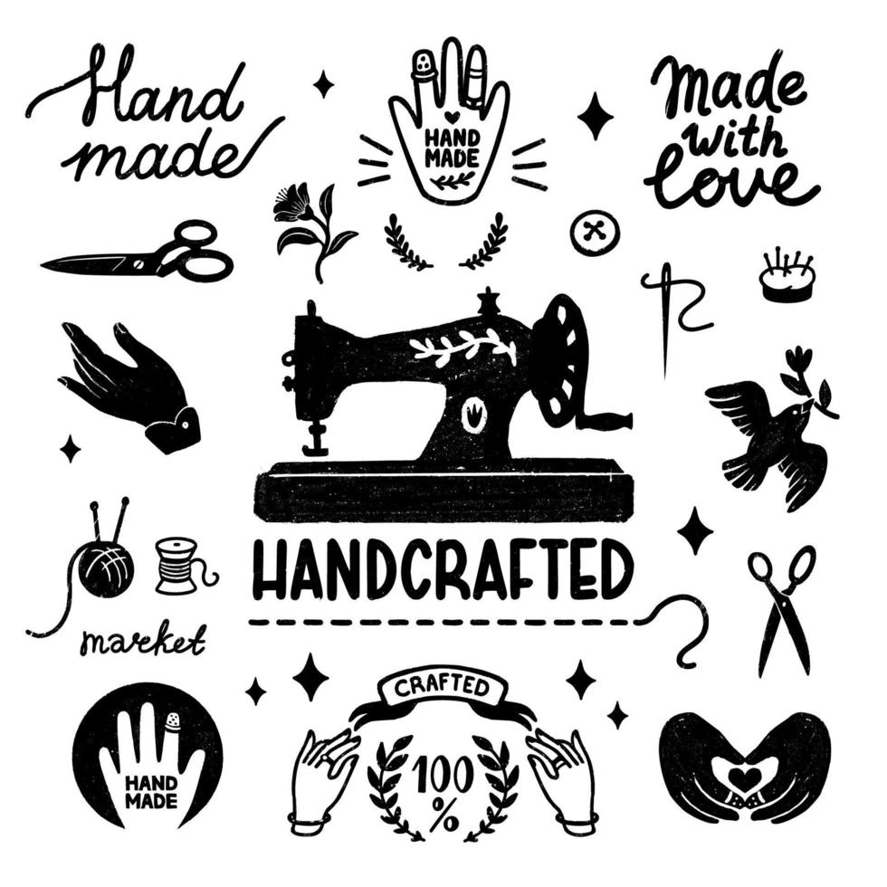 Handmade and handcrafted vector icons set - vintage elements in stamp style, sewing machine and hand made letterings. Vintage vector illustration for banner and label design.