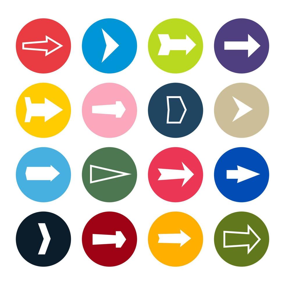 Set of sixteen arrows in a colorful circles. Vector illustration