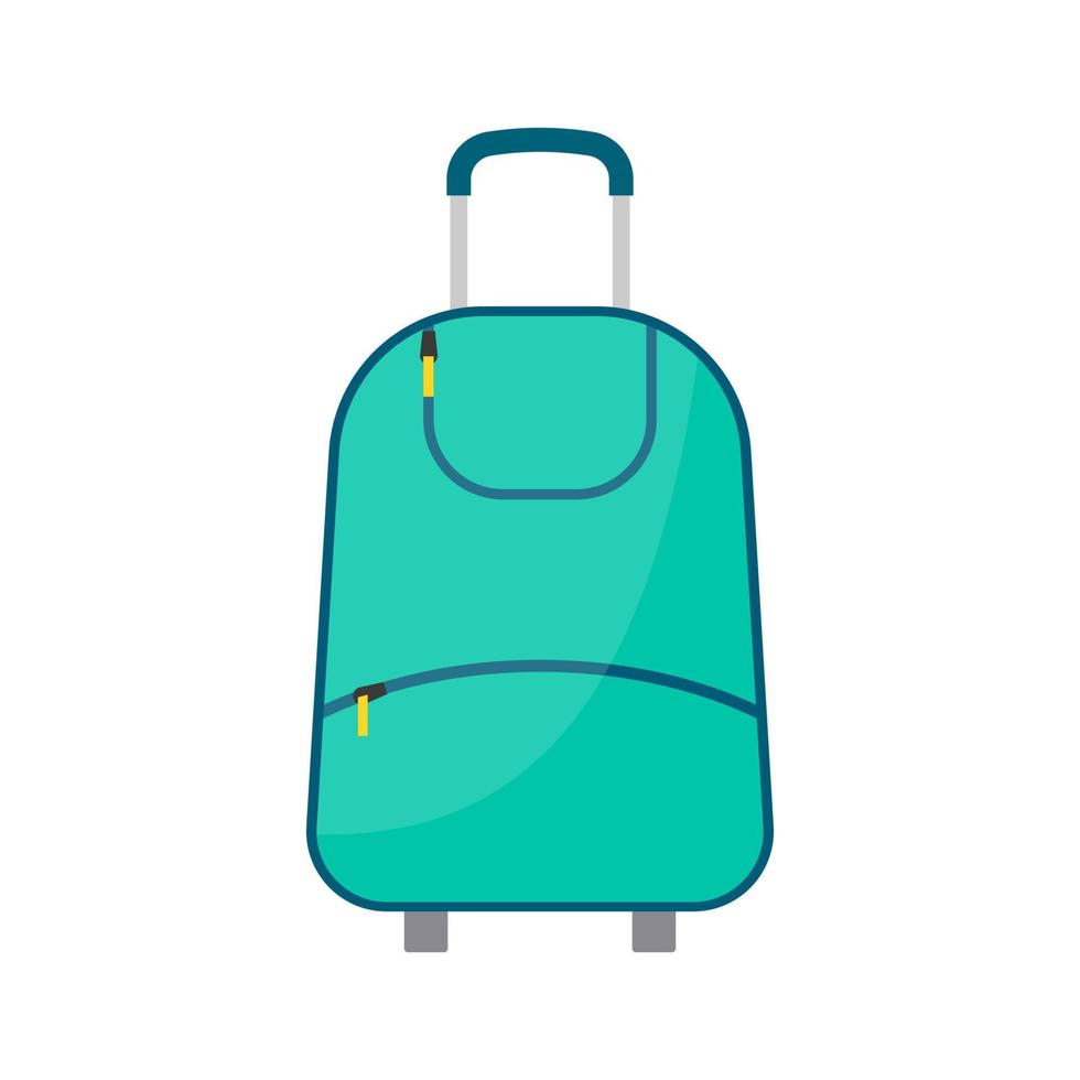 Green wheeled travel bag with luggage on white background. Suitcase for journey trip in flat style. Vector illustration