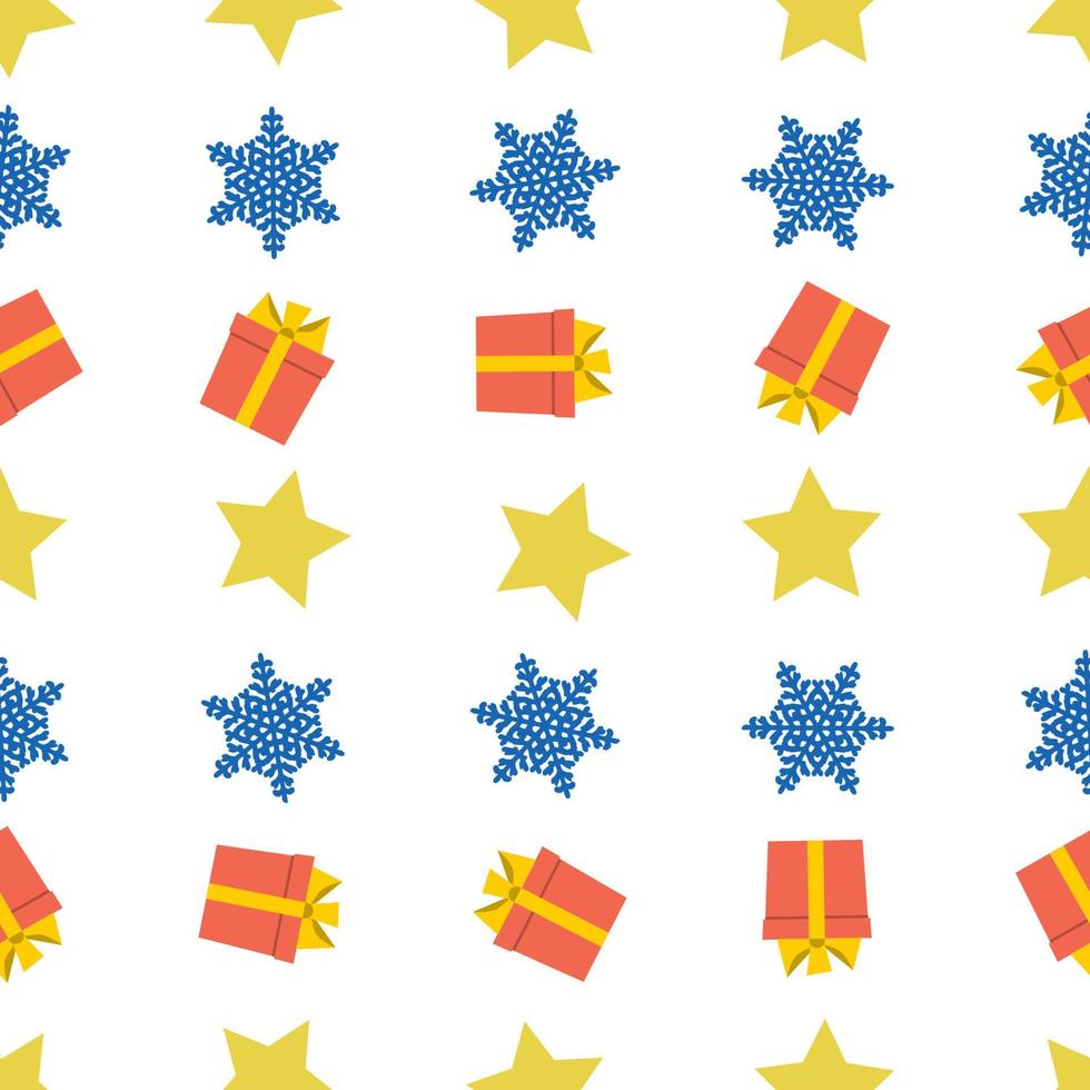 Christmas semless pattern with snowflake, star and gift box on white background. Vector illustration