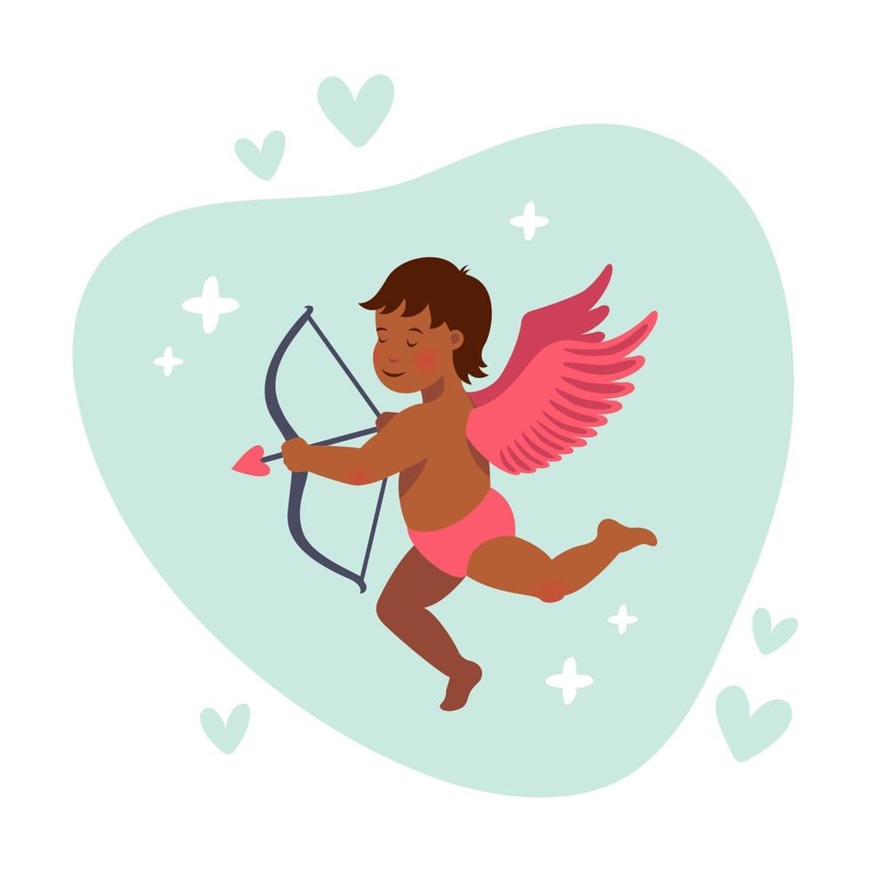 Cupid or angel with bow and arrow. Vector cute cupid for valentine s day. Cartoon flat style vector illustration.